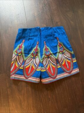 Flying Tomato Blue High-Waist Tribal Print Shorts with Red Accents